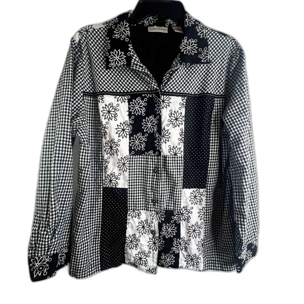 White Stag Button Down Shirt Patchwork Gingham Floral Mixed Print Retro Boho XL